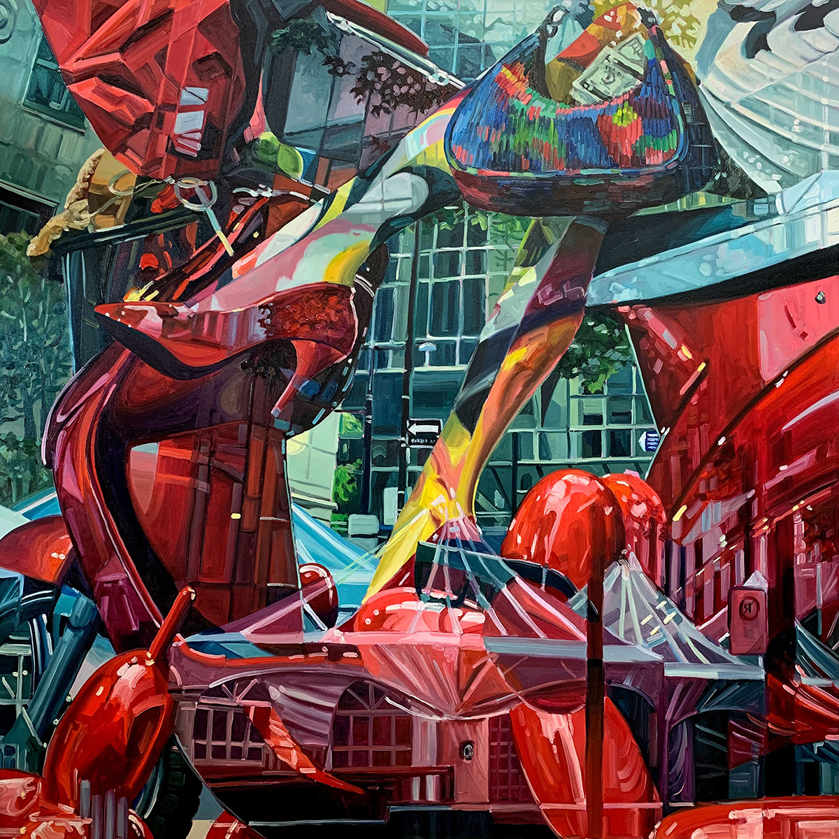 viewfinder Behind the Pink Curtains - Painting by Iryna Merkulova